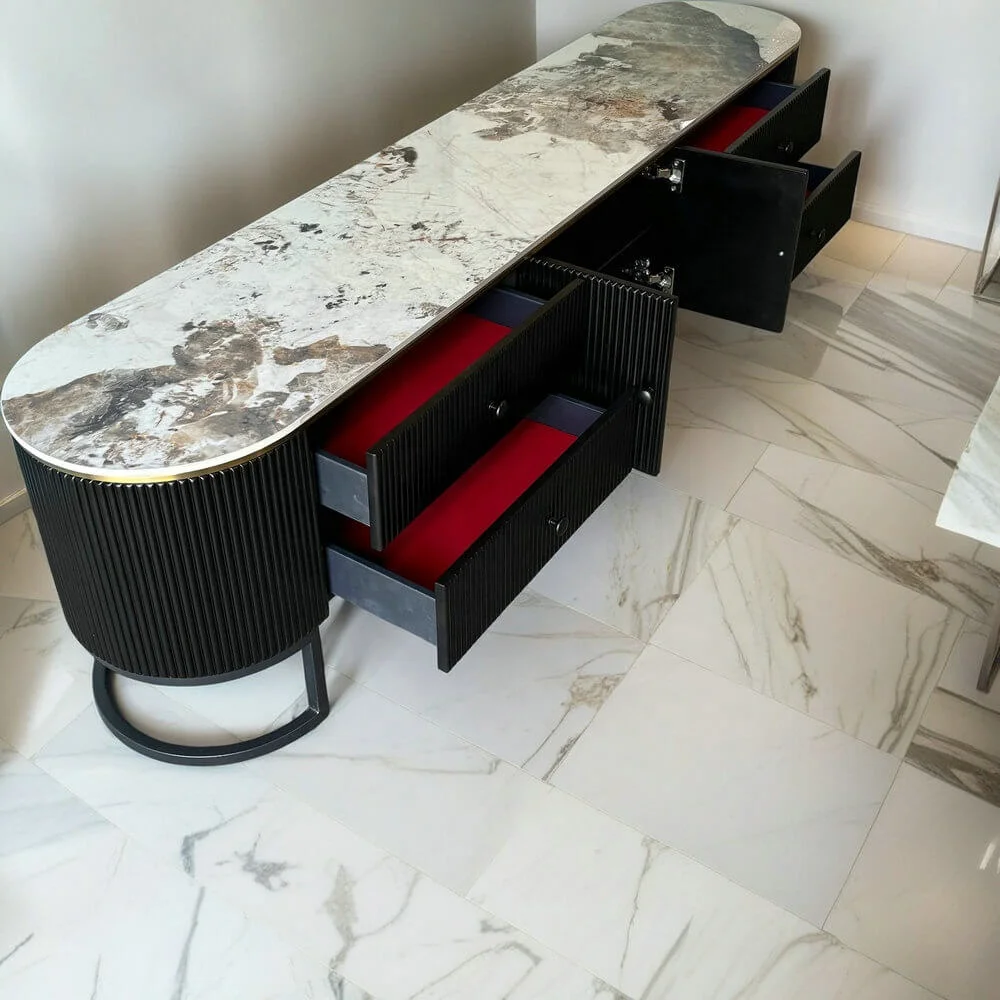 Moderne Wohnzimmermöbel, Steinplatte, schwarz, modischer Couchtisch, Aufbewahrungs-TV-Schrank aus Holz mit goldenem Edelstahl