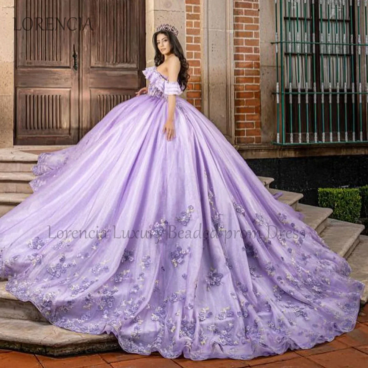 Vestido largo De quinceañera con purpurina, apliques con hombros descubiertos y cuentas, princesa 3D, flores, sin mangas, 2024