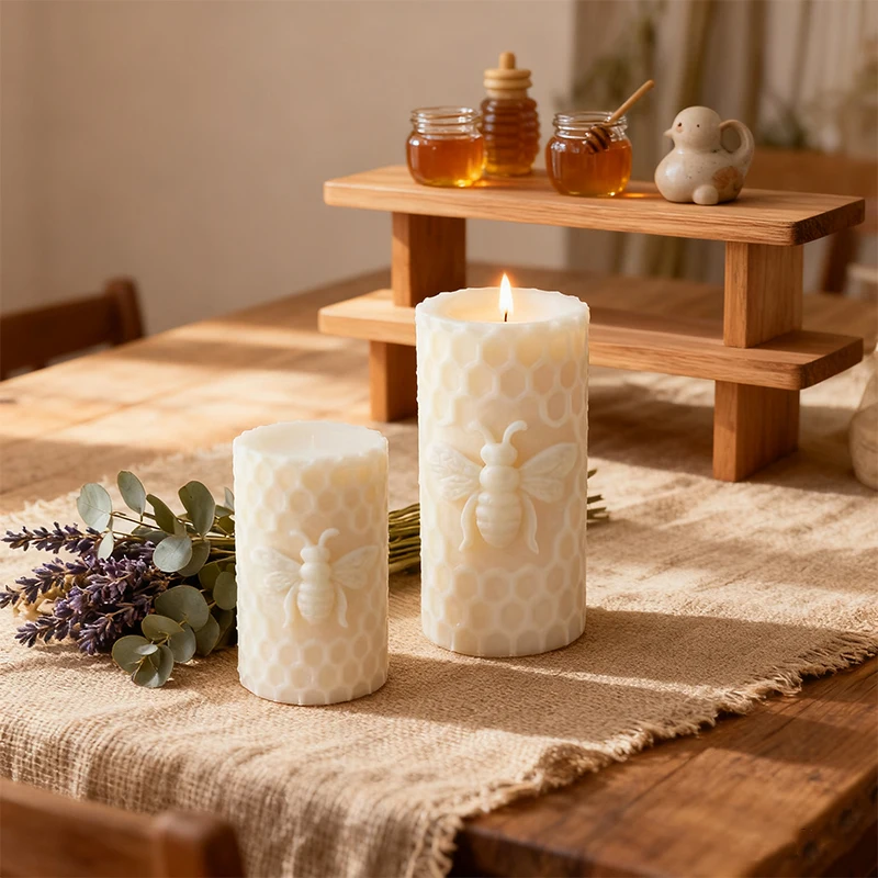 

3D Honeycomb Bee Cylinder Silicone Candle Mold for DIY Scented Candle Resin Honey Jar & Soap Making Handmade Decor Gift & Craft