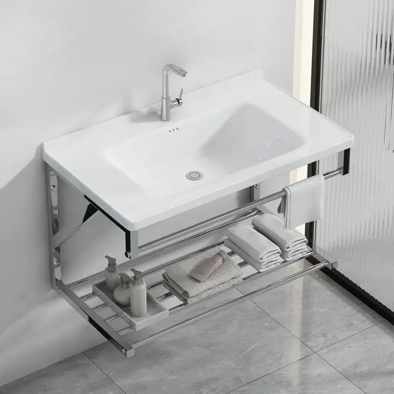Balcony wall-mounted washbasin, integrated ceramic bathroom washbasin, simple stainless steel bracket, washbasin waterproof