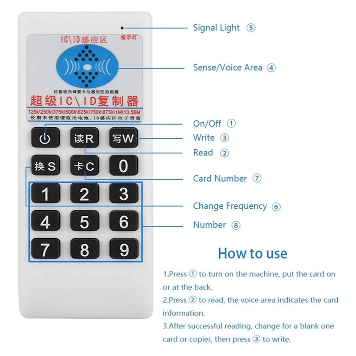 SODIAL RFID NFC قارئ بطاقات IC والكاتب + 5XUID/T5577Keychain 125Khz-13.56MHZ الناسخ قارئ البطاقات الذكية RFID IC ID الناسخ