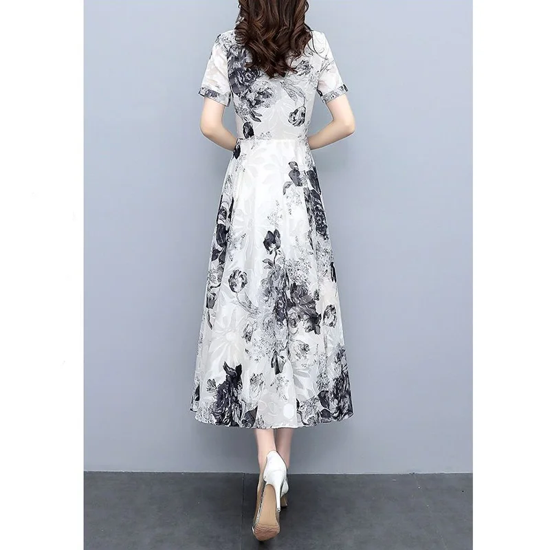 2023 New Summer Fashion Chinoiserie Retro Art V-neck Ink Wash Print Waist Tight Slim Cover Belly Temperament Commuter Dress