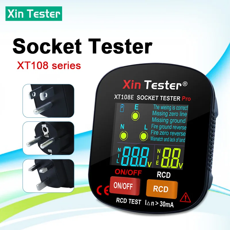 

Xin Tester 30mA Color Screen Socket Tester Outlet Detector RCD Ground Live Zero Line Polarity Phase Check Voltage Tool