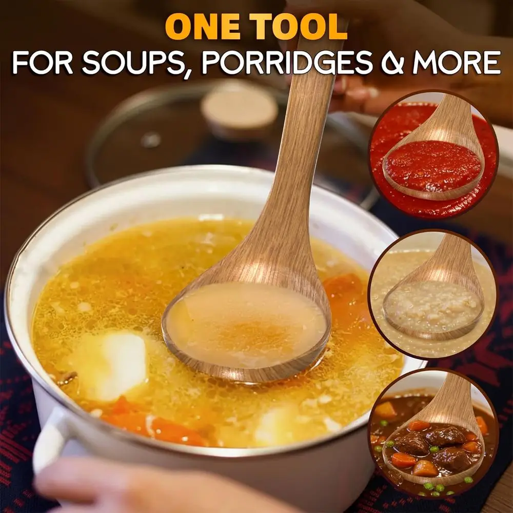 10.8x2.8 Deep Bamboo Ladle for Cooking and Serving, Comfortable Grip, Heat-Resistant, with Hanging Hook