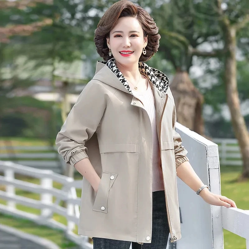 

Spring Autumn New Hooded Trench Coat Fashion Casual Women Windbreaker Mid-length Female Outwear Mother Coats