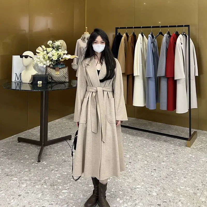 Double-sided cashmere coat women's extended style, temperament light ripe water ripple long-sleeved jacket