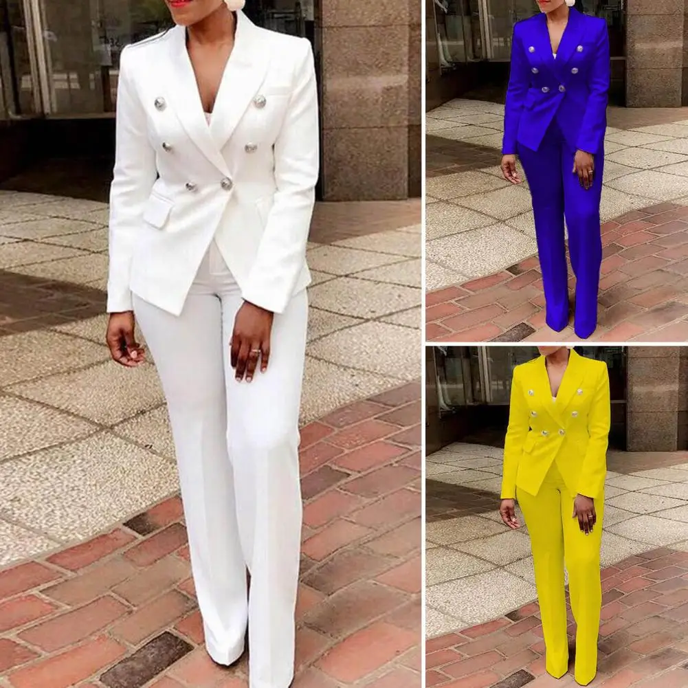 2Pcs/Set Chic Straight Office Blazer Pants Set Double Breasted Formal Pure Color Lapel Lady Blazer Trousers Suit Workwear