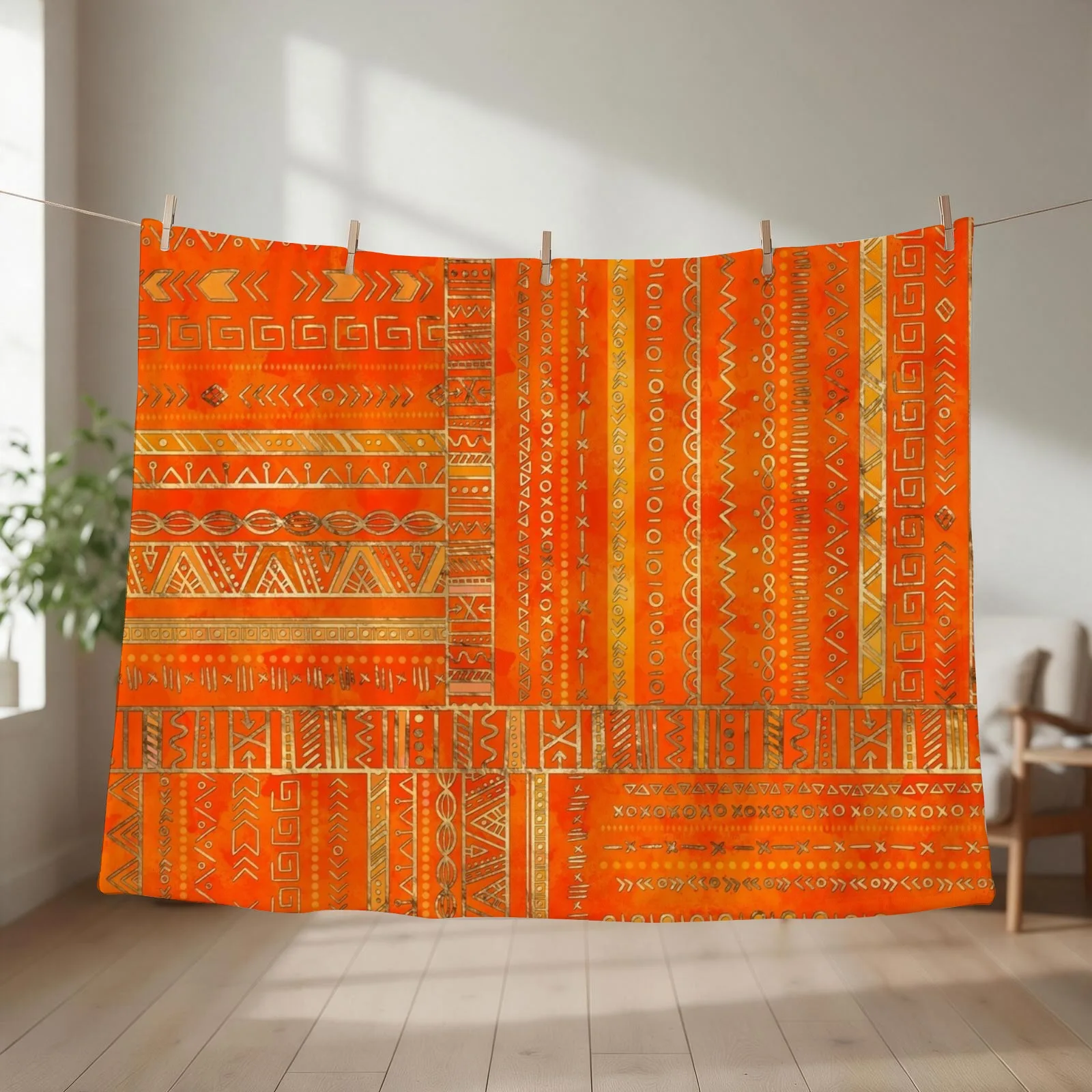 Tribal Ethnic pattern gold on bright orange Throw Blanket Summer Beddings Luxury Thicken Decoratives Large Blankets