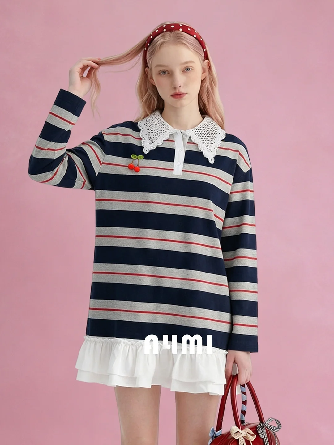 

AHMI Lace Ne Long Sve T-irt Dr Women Spring Sweet Slimming Design A-Line Dr Soft Breathable High Waist