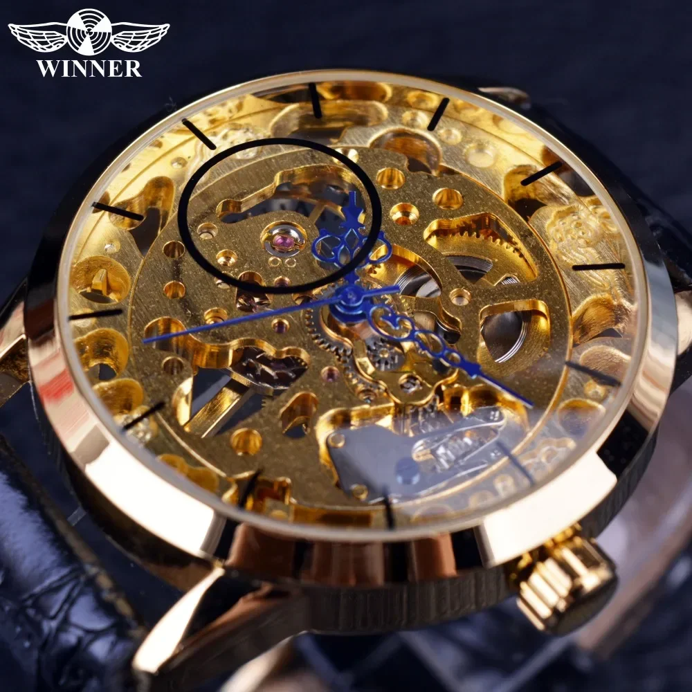 

Winner Watch Men Gold Skeleton Watches Leather Band Mechanical Hand Wind Wristwatches Men Relogio Masculino Reloj Hombre 2023