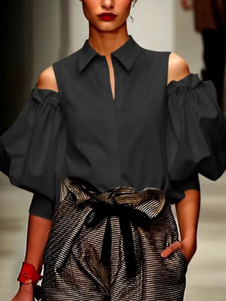 Modigirl nova moda feminina smoking blusa camisas 2025 verão cor sólida ombro frio festa de escritório lazer preto topos para mulher