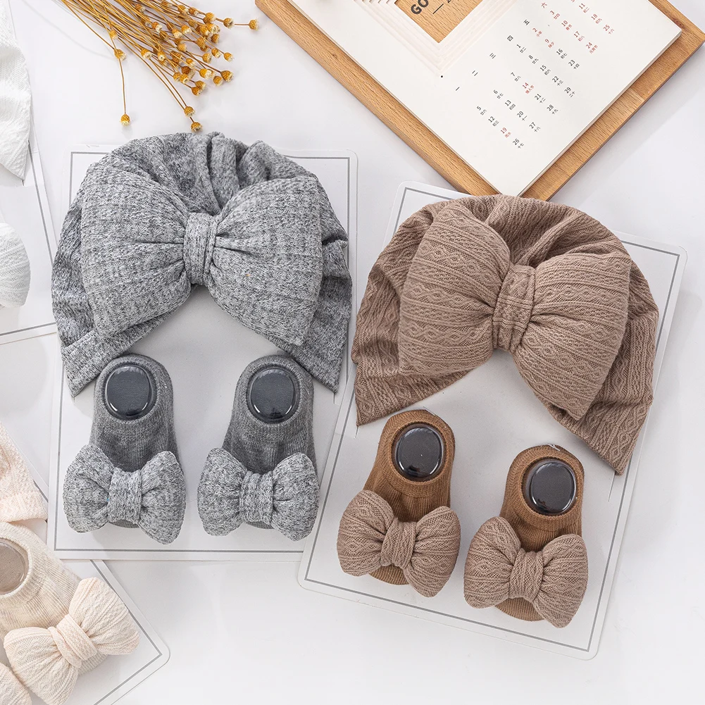 3Pcs/Set Baby Hats Socks Set Big Puff Pillow Bows Boys Girls Beanies Caps 0-12M Non-Slip Short Sock Infant Photography Props