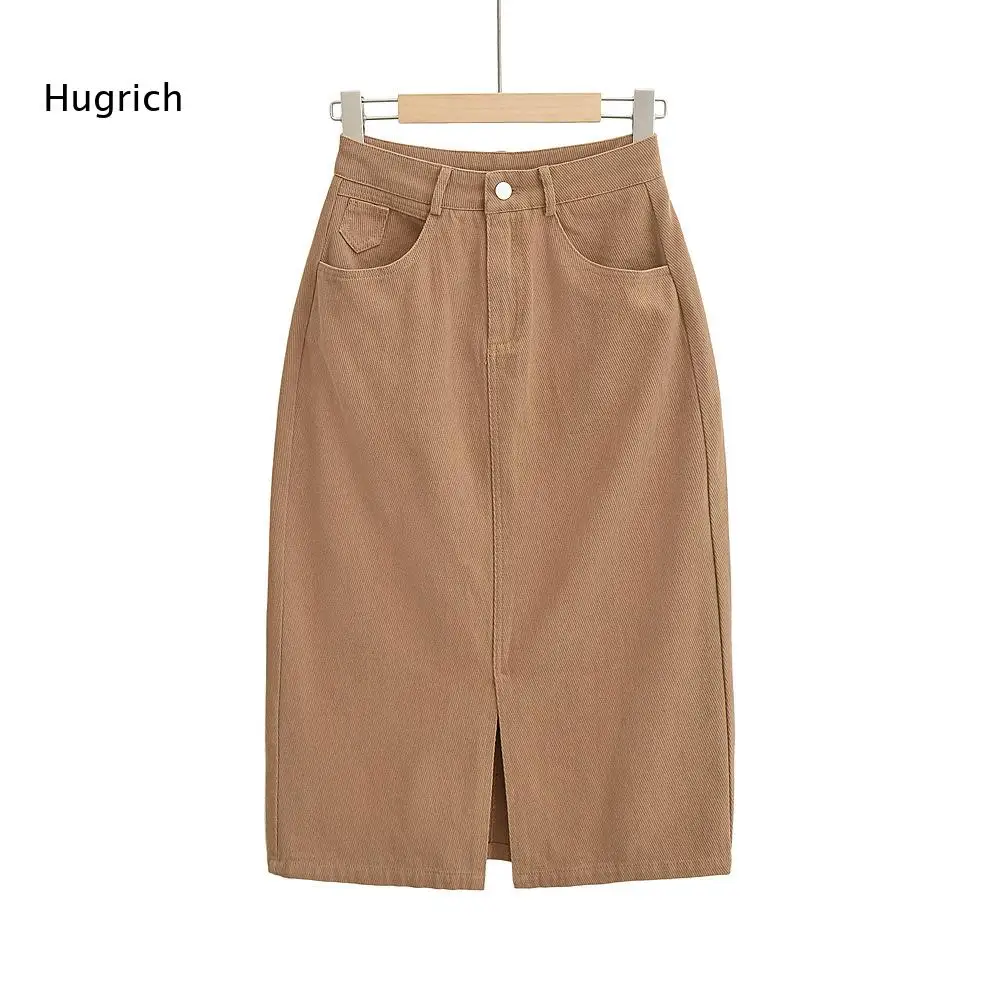 Front Slit Denim Midi Skirt Women High Waist Button Zip Up Closure Straight Silhouette Multi Pockets for Daily Street Outfits