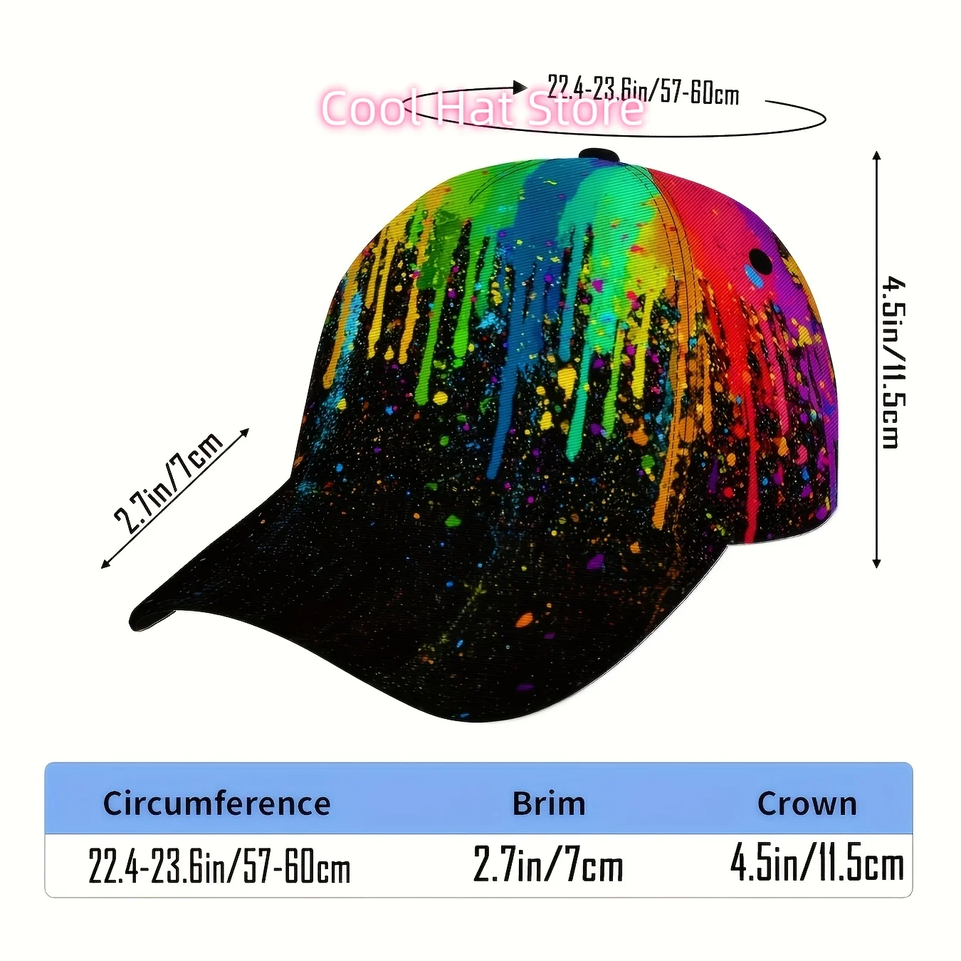 Baseball Cap Featuring a Rainbow Drip Graffiti Design, Styled for Urban Night Views, Adjustable for Both Men And Women, Perfect
