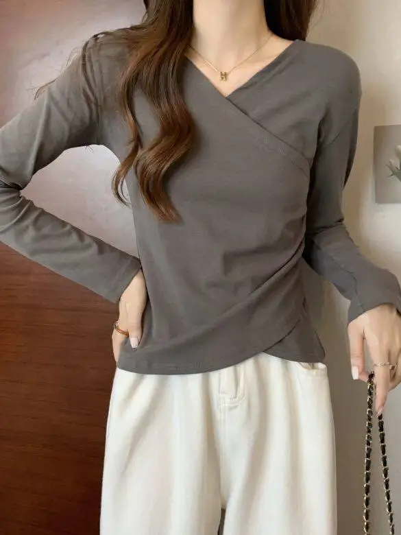 

Loose plus Size Women's Long Sleeve T-Shirt Asymmetric Design Slimming Effect Spring Autumn Belly Covering Base Shirt