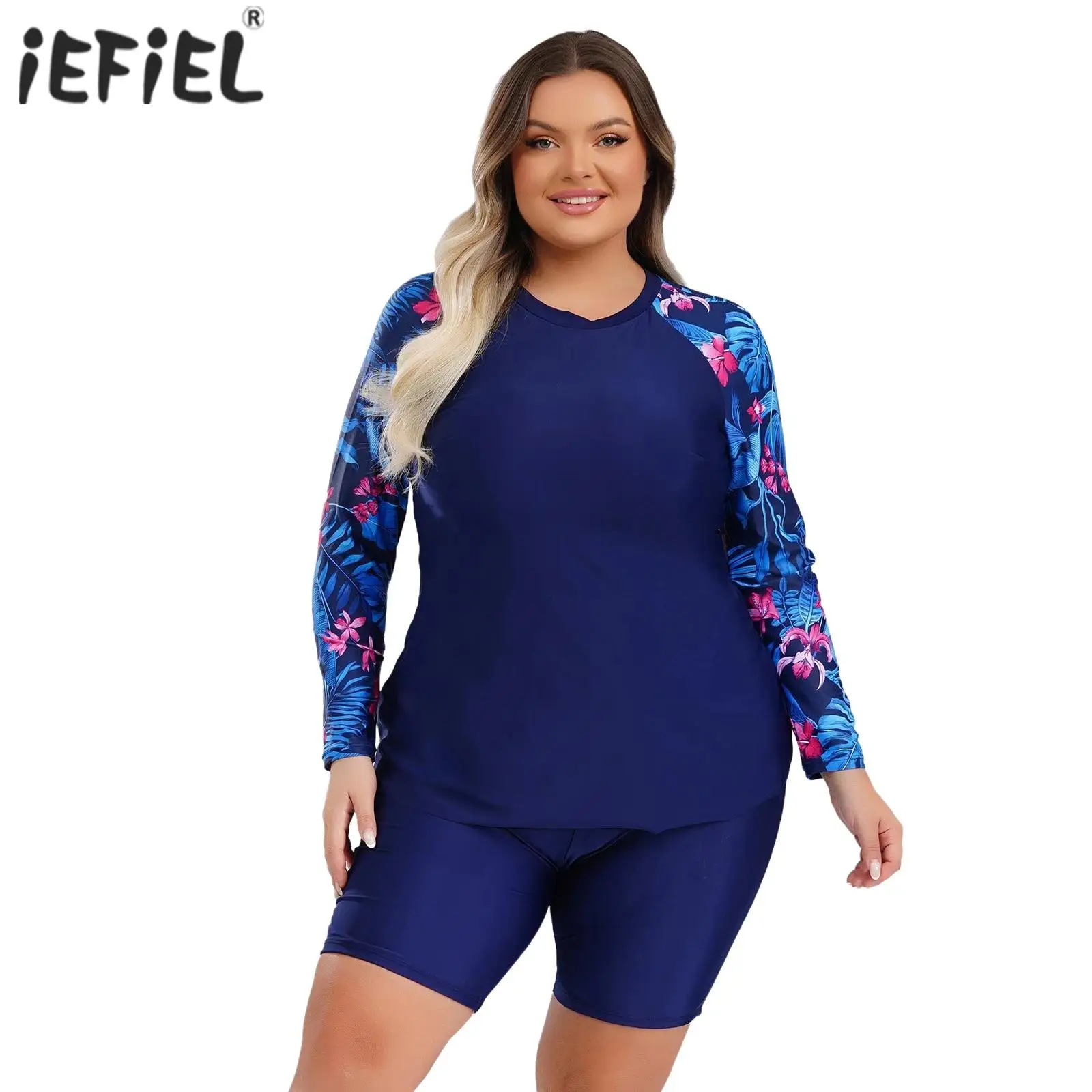 Womens Two Pieces Swimsuit Long Sleeve Padded Swim Sets Top with High Waist Tummy Control Shorts Tropical Print Bathing Suits