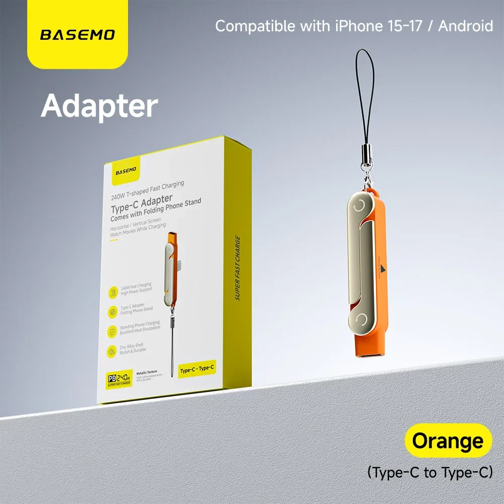 240W 2-in-1 Zwart/Oranje Snel Oplaadbare Opvouwbare Houder Datakabel Type-C naar Type-C Gegevenskabel met Telefoon/Tablet Stand