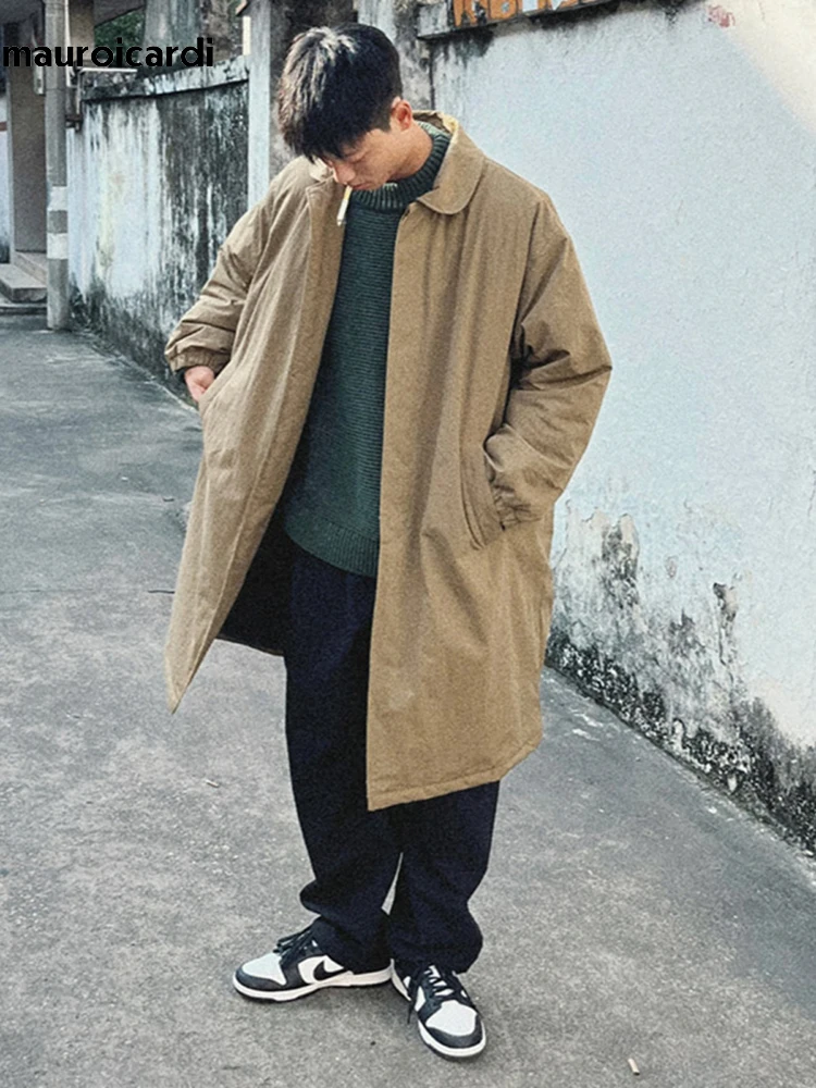 Mauroicardi Spring Autumn Oversized Long Thickened Warm Khaki Balmacaan Trench Coat Men Single Breasted Chic Unisex Clothes 2024