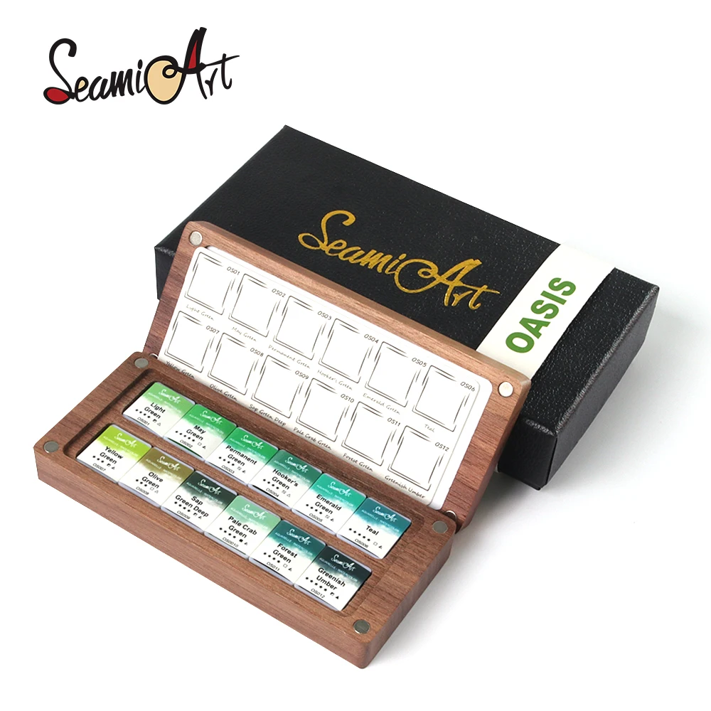 SeamiArt 12color Oasis Professional Solid Watercolor Set Green Tone with Walnut Painting Box Palette For Art Supplies