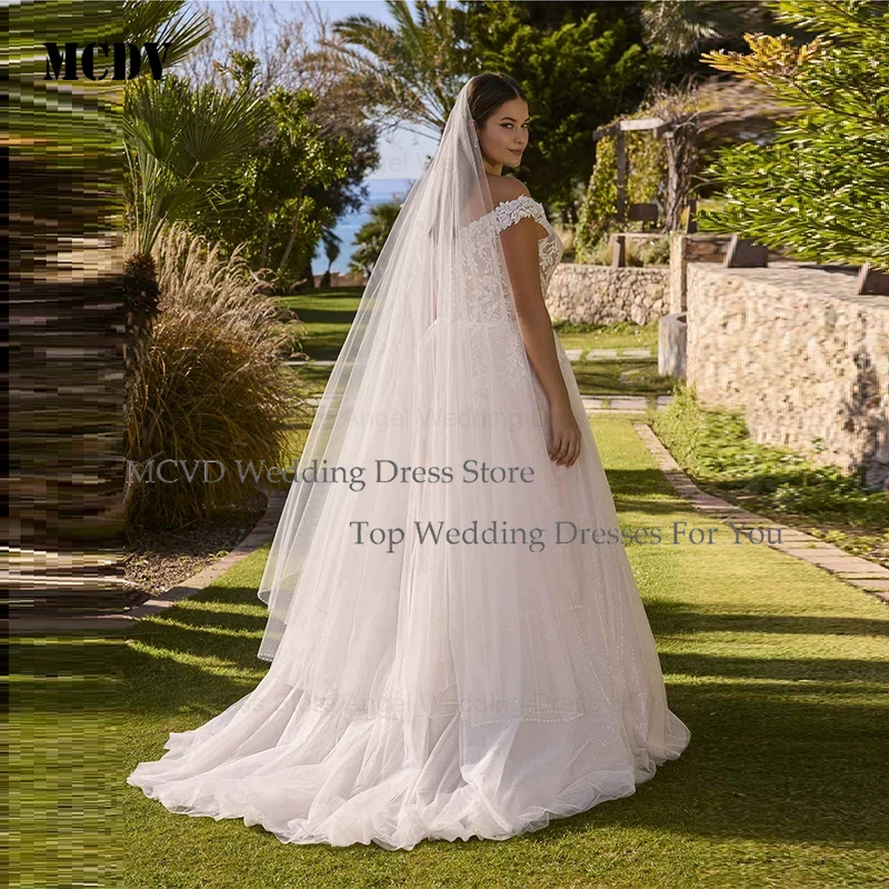

MCDV 2025 A-line Plus Size Wedding Dress Customized Off-Shoulder Applique Tulle Button Bridal Gowns Vestidos De Noiva Exquisite