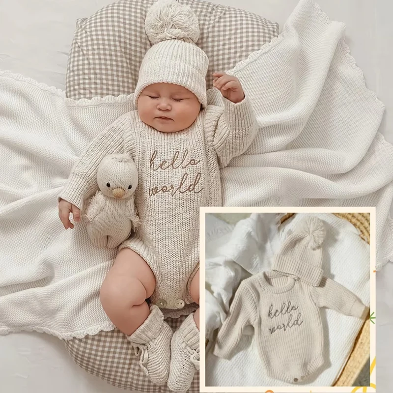 Ylsteed Hello World Knitting Newborn Photography Romper with Matching Pomp Hat Baby Boy Girl Sweater Outfits for Photo Shooting