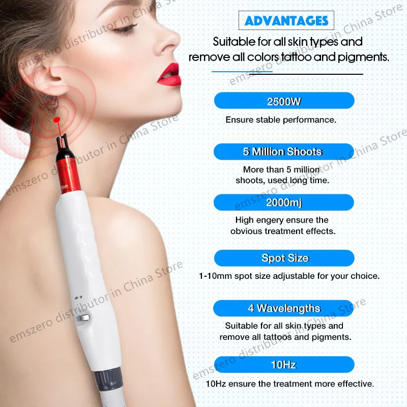 Máquina de eliminación de tatuajes de 4 cabezales recientemente actualizada, eliminación permanente de tatuajes, pigmentación de manchas, muñecas de cara negra