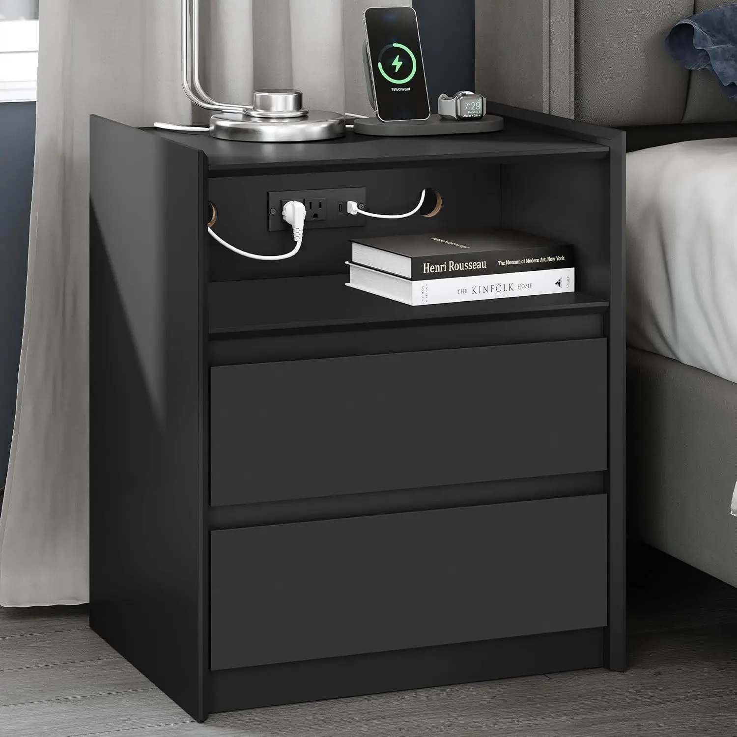 

24" Tall Black Nightstand With Charging Station, 2 Drawer Modern Bedside Table With Tray Top, USB & Type-C Ports,, Customized