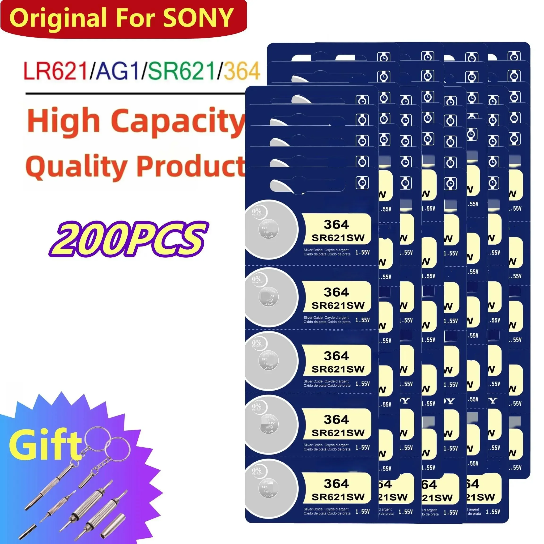 

Original For SONY 200PCS SR621SW AG1 364 363 LR621 164 1.55V Alkaline Button Cell Watch Battery; 100% Safe