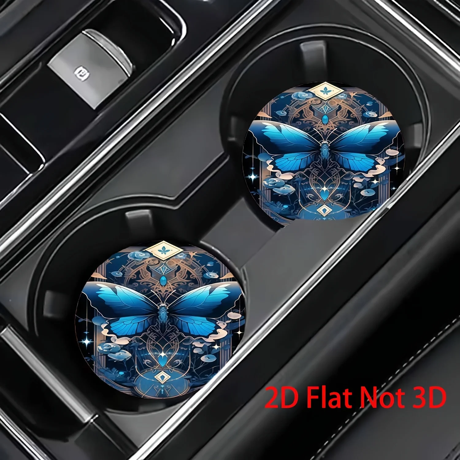 2pcs Gorgeous Blue Butterfly With Ornate Patterns Car Coasters, Easy To Clean Coasters, Women'S Car Interior Decoration Addition