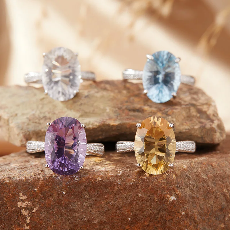 

s925Pure Silver Colorful Gemstone Jewelry Large Natural Topaz Amethyst Citrine Ring for Women Hot Sale Wholesale