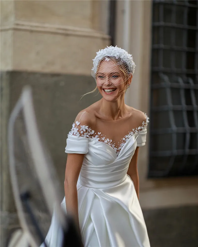 Smileven abiti da sposa principessa manica a berretto collo nudo pieghe di pizzo abito da sposa abito da sposa con spacco laterale Vestido De Noiva 2023