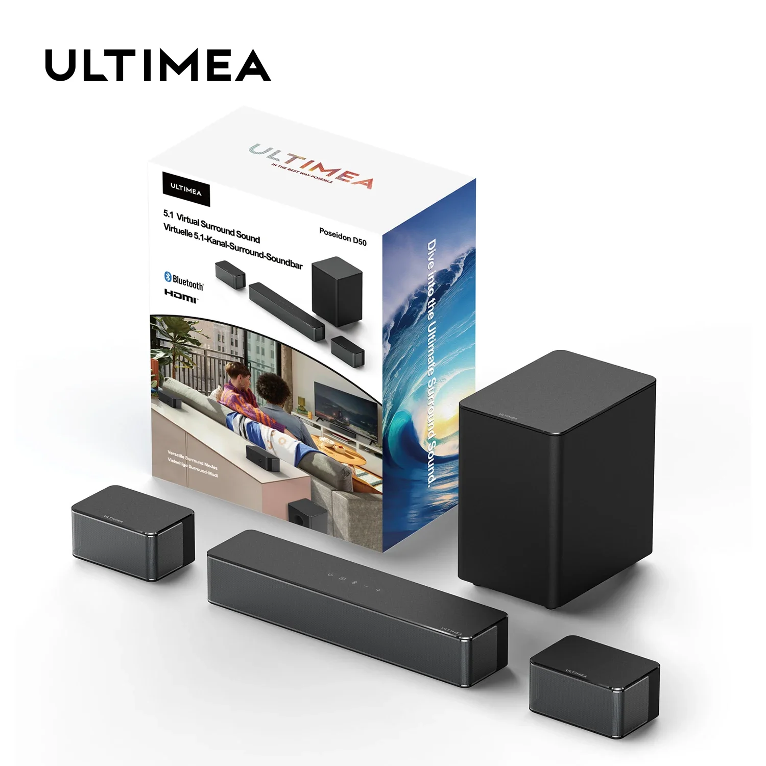 ULTIMEA 5.1 Virtual Surround Soundbar, 3D Surround Sound System, Soundbar for TV with Subwoofer and Rear Speakers, Poseidon D50