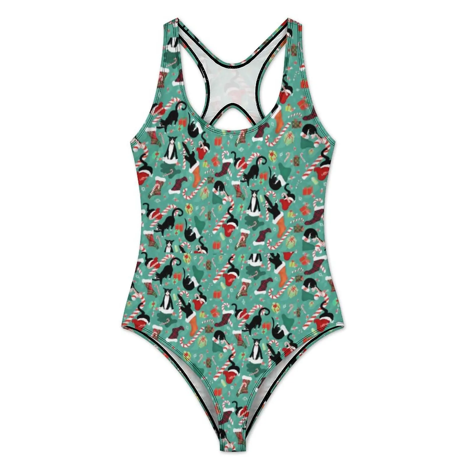 Funny Cat Print Swimsuit Christmas Stockings One-Piece Swimwear Push Up Novelty Bathing Suit Sexy Holiday Swim Design Swimsuits