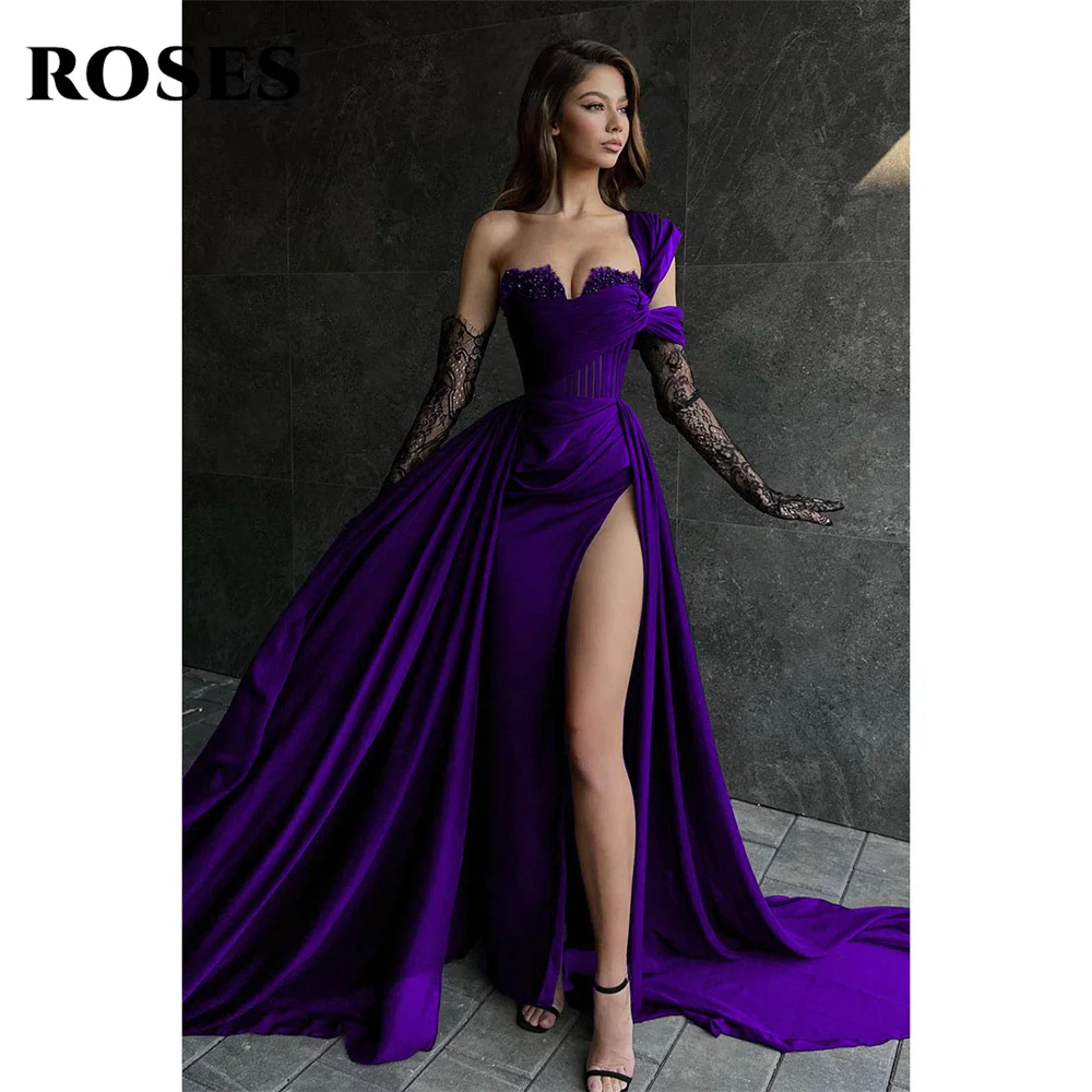 ROSES Black Stain Chic Woman Evening Dress Gown One Shoulder Lace Ball Gown Side Split Mermaid Night Dresses Gown robe de soirée