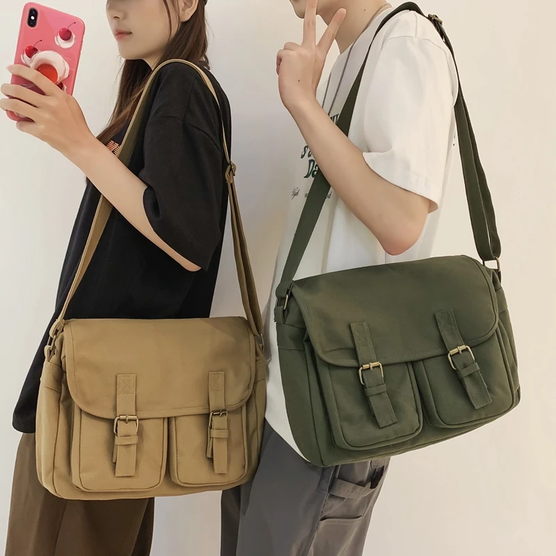 Casual Canvas Women Shoulder Bags Female School Messenger Bags Multi Pocket Flap Buckle Unisex College Student Crossbody Bookbag