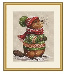 Lovely Counted Canvas Cross Stitch Kits, Winter Animals Wearing Scarves , Cute Beaver, Badger, Mouse, mouse Embroidery