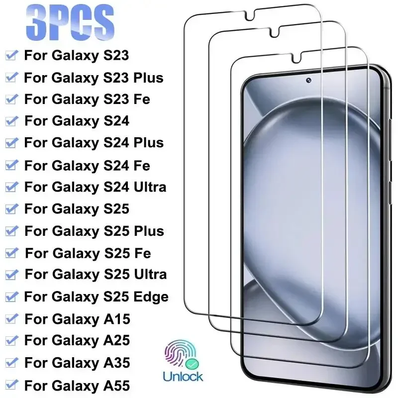 3Pcs Tempered Glass Galaxy S23 Plus Fe A05S A15 A25 A35 A55 Screen Protector For Samsung S25 Edge S24 Ultra