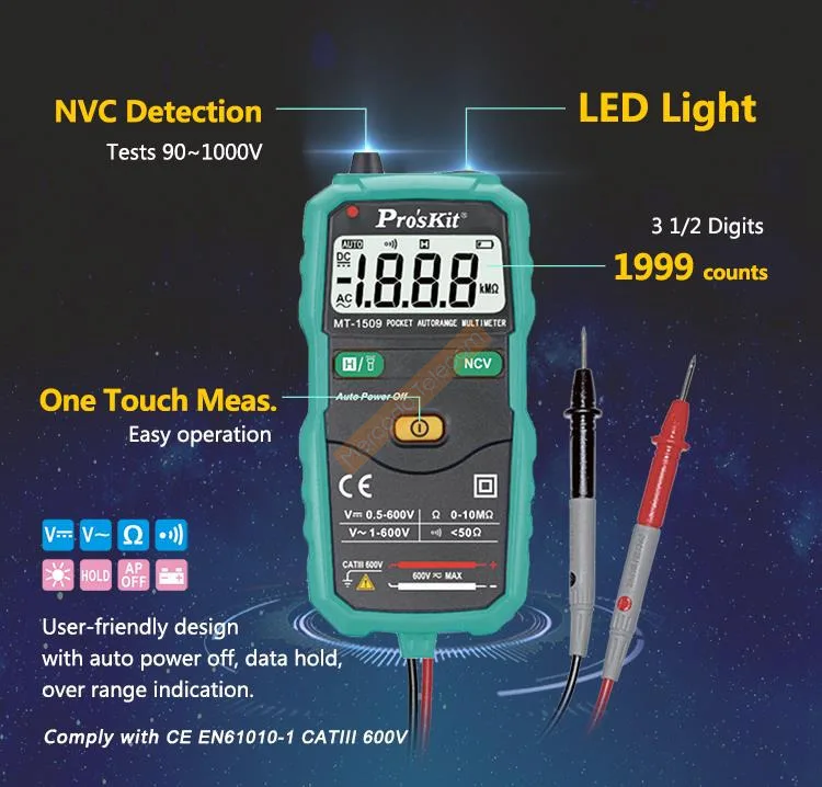 Proskit MT-1509-C Smart Pocket Automatic Digital Multimeter Ammeter Non-contact Test LED Flashlight