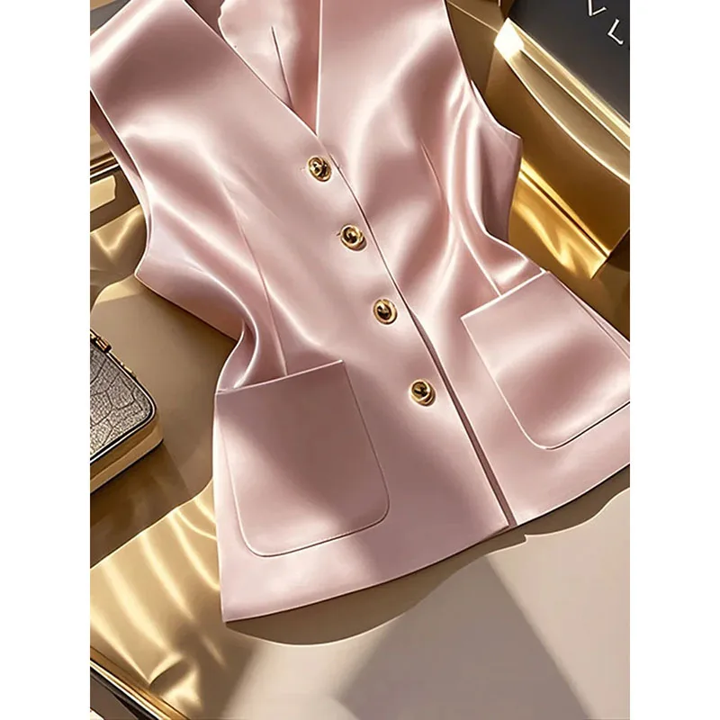 

Retro Slim Women's Wear Shirt Vest Coat 2025 Spring Autumn Female Popular Explosion Jacket Pink V-neck Satin Waistcoat Overwear