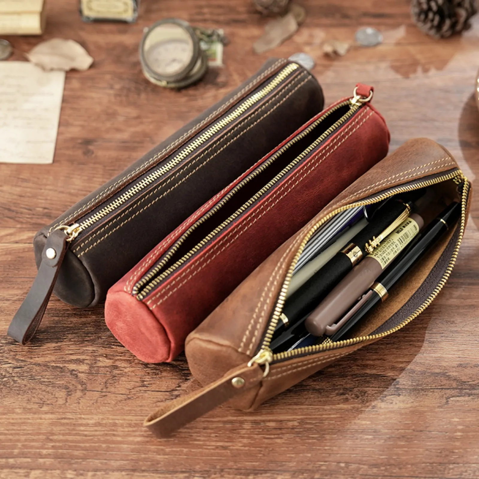 

Genuine Leather Zipper Pen Case - Stylish Pencil Pouch for Students, Office & Travel - Compact Stationery Organizer Bag