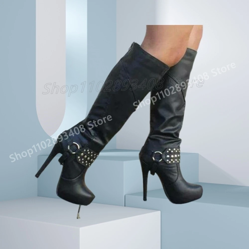 Metal Chain Decor Rivets Mid Calf Boots Side Zipper Matte Sexy Stiletto High Heel Fashion Women Shoes 2025 Autumn Para Mujere