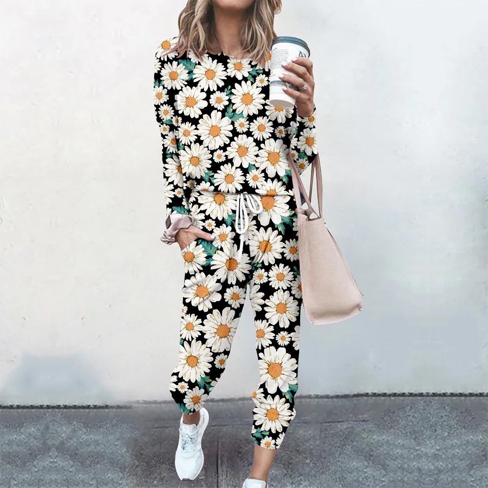 

Spring Hip Hop Long Sleeve Pullover+Pants Autumn Fashion Floral Print Sweatshirt Sweatpants