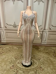 Luxurious Rhinestones Chains Crystals Long Dress Sexy Mesh Backless Evening Prom Wedding Celebrate Birthday Dress Photo Shoot