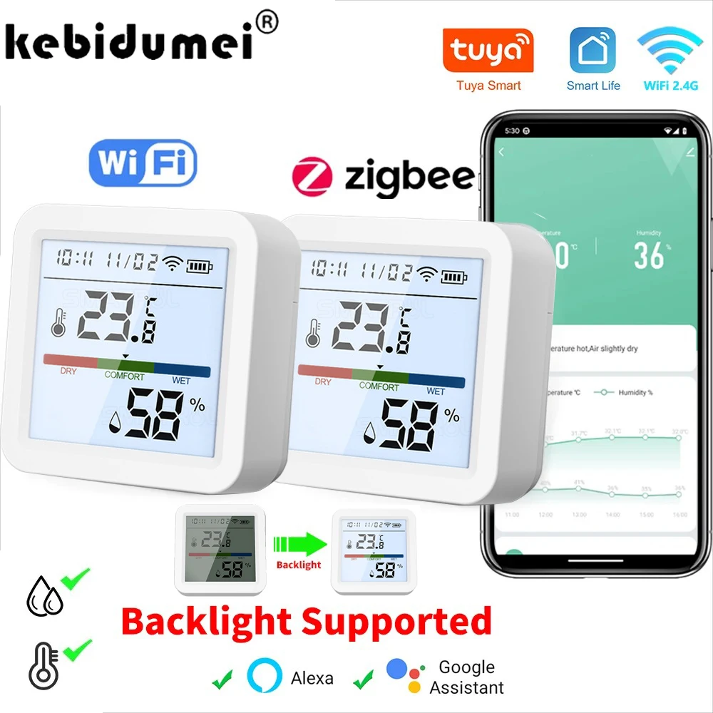Tuya Zigbee WiFi Temperature Humidity Sensor With Backlight LCD Smart Home Hygrometer Thermometer Detector Support Alex Google