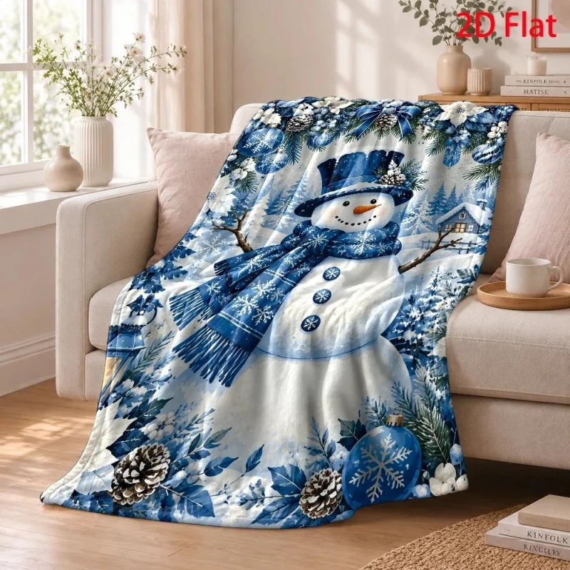 Christmas Santa Snowman Reindeer Gift Print Flannel Throw Blanket, Xmas Sock Holly Snowflake Element Pattern Soft Blanket