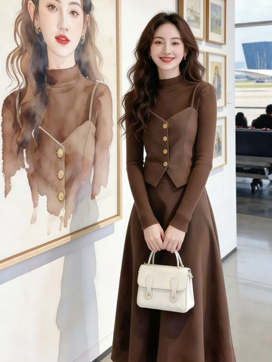 

Комплект из двух предметов в стиле ретро: футболка и юбка, удобная повседневная одежда из хлопка с длинным рукавом