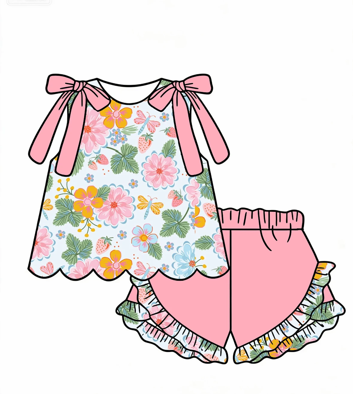Summer Hot Selling New Sleeveless Bow-Tie Floral Strawberry and Cherry Print Top and Ruffled Shorts Girls Boutique Set