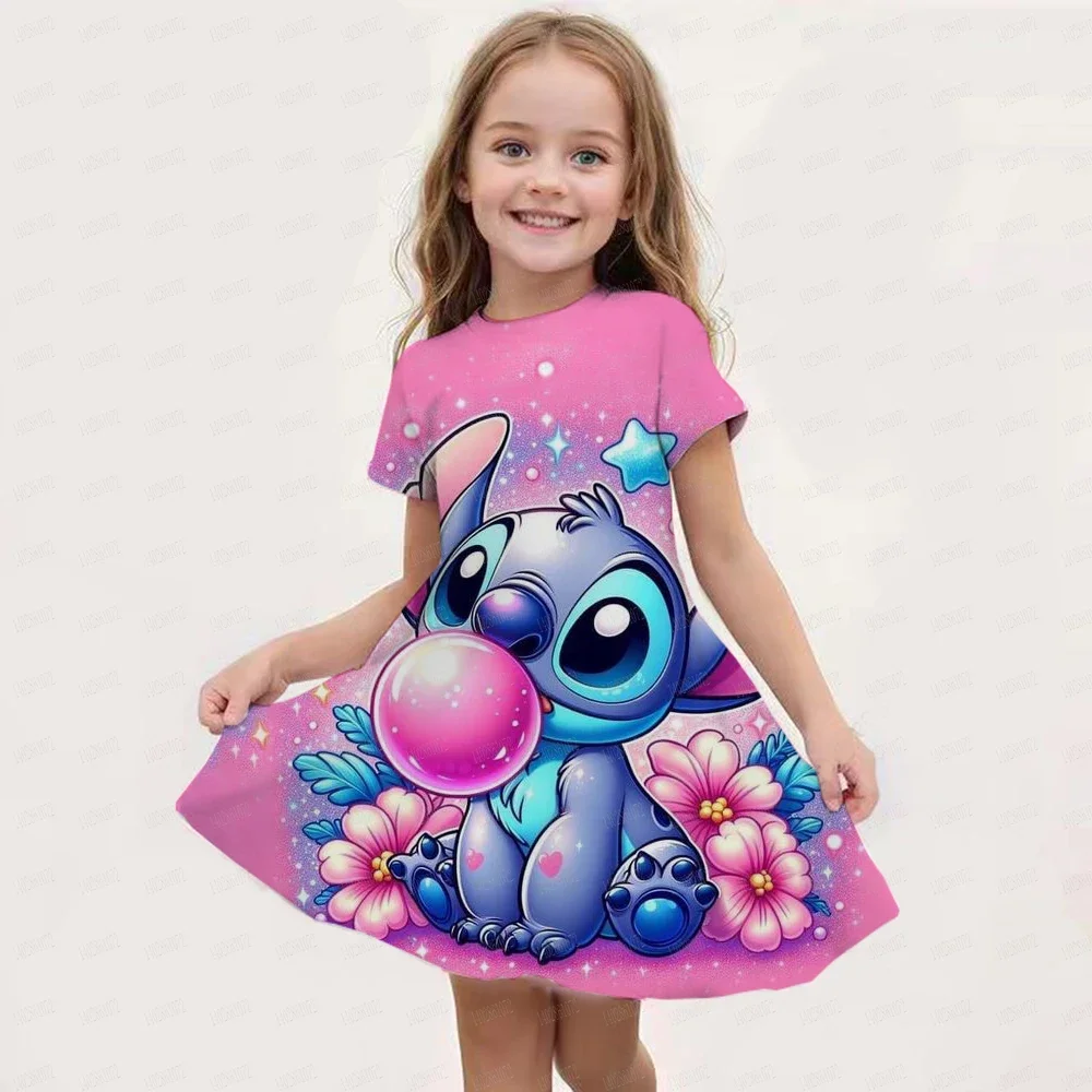 MINISO New Summer Girl Dress Disney Stitch Cute 3D Print Children's Clothing 2024 Cute Fashion Princess Cartoon Comfortable