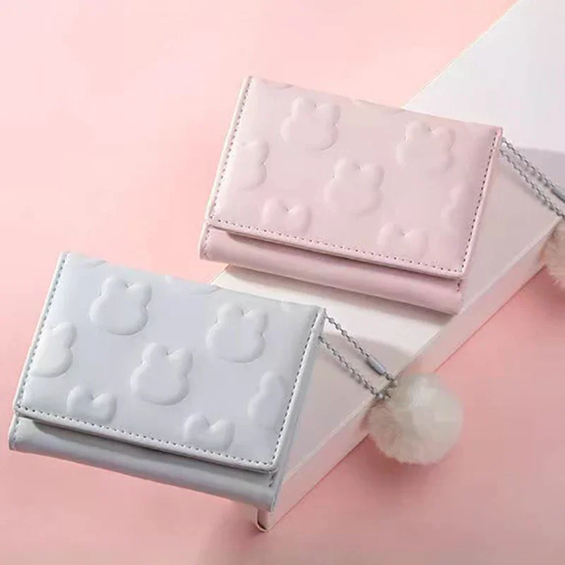 Cartoon Korean Printing Cute Rabbit Coin Purse Women's Short Wallet Hairball Charm Simple Tri-fold Clutch Storage Card Bag