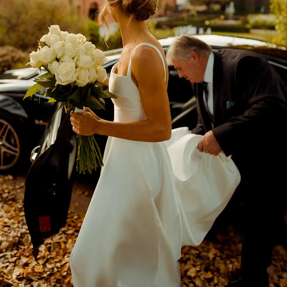 Simple Spaghetti Straps Satin Wedding Dress Bride Sleeveless A-Line Floor Length Side Slit with Sweep Train Backless Gowns